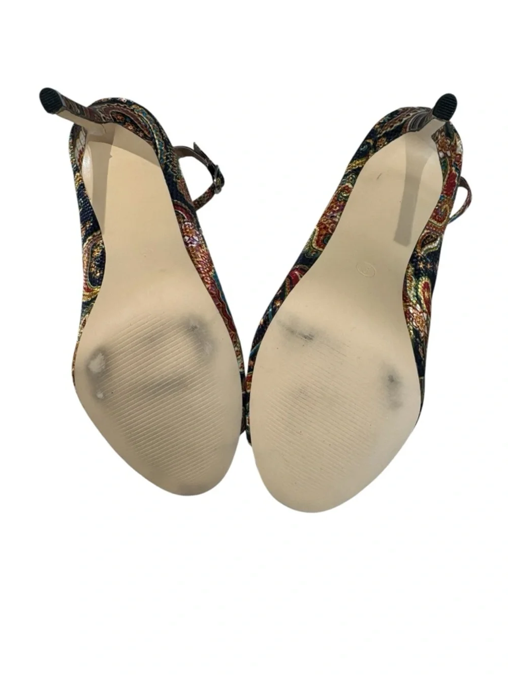 Jolimall Paisley Blue Yellow Orange Pink Ankle-Strap Peep-Toe Heels Size 9 - Picture 11 of 11